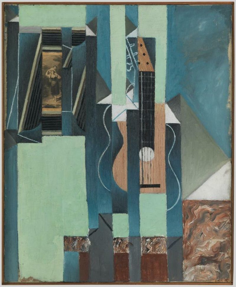 La Guitare, tableau cubiste de Juan Gris (1913), en aplats de bleu, de vert d’eau, d’ocre et de brun